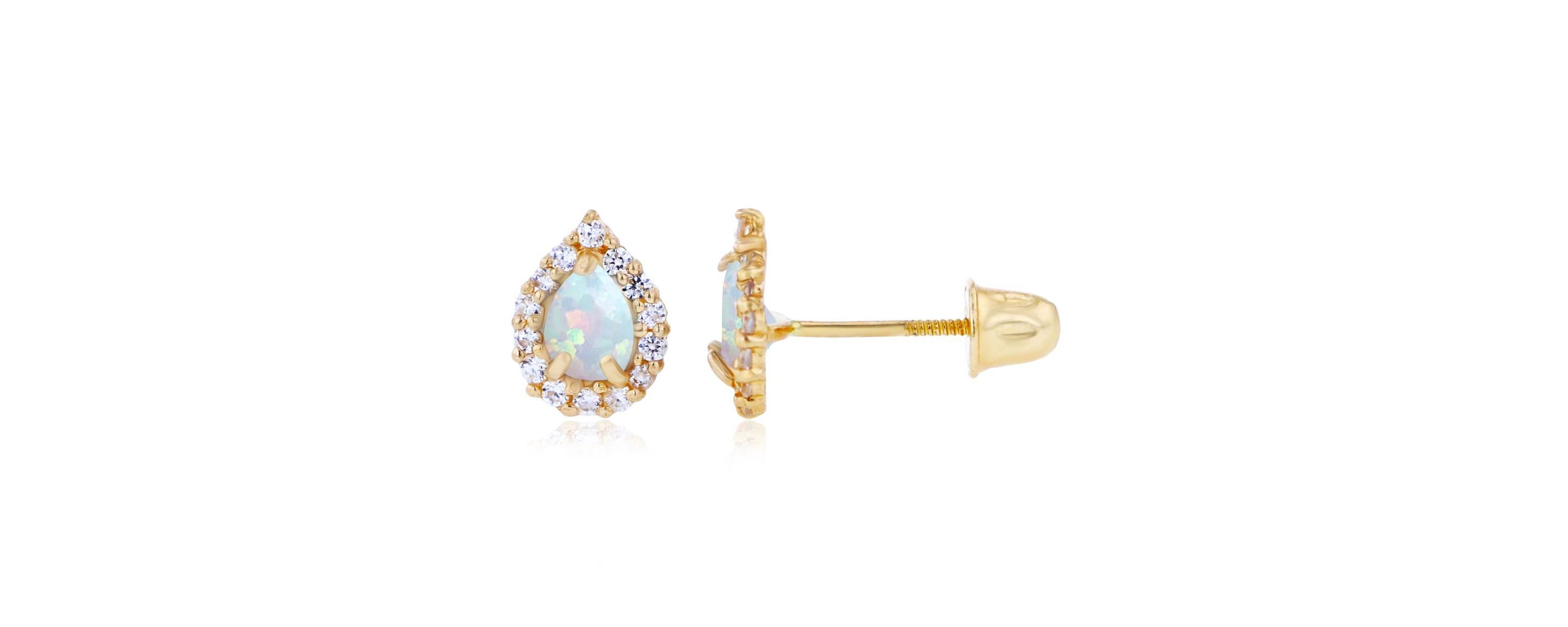 Lab Created Sterling Silver Yellow 4x3mm Pear Created Opal & 1mm Created White Sapphire Halo Screwback Earrings