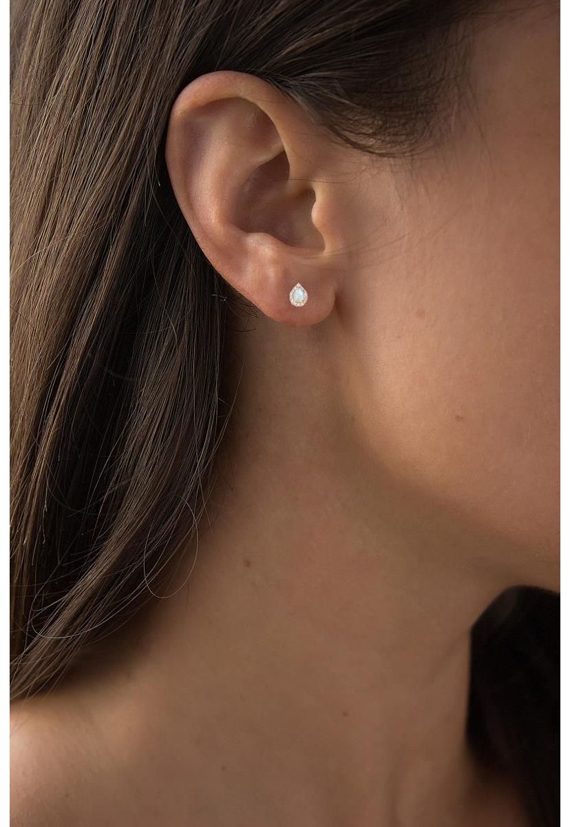 Lab Created Sterling Silver Yellow 4x3mm Pear Created Opal & 1mm Created White Sapphire Halo Screwback Earrings