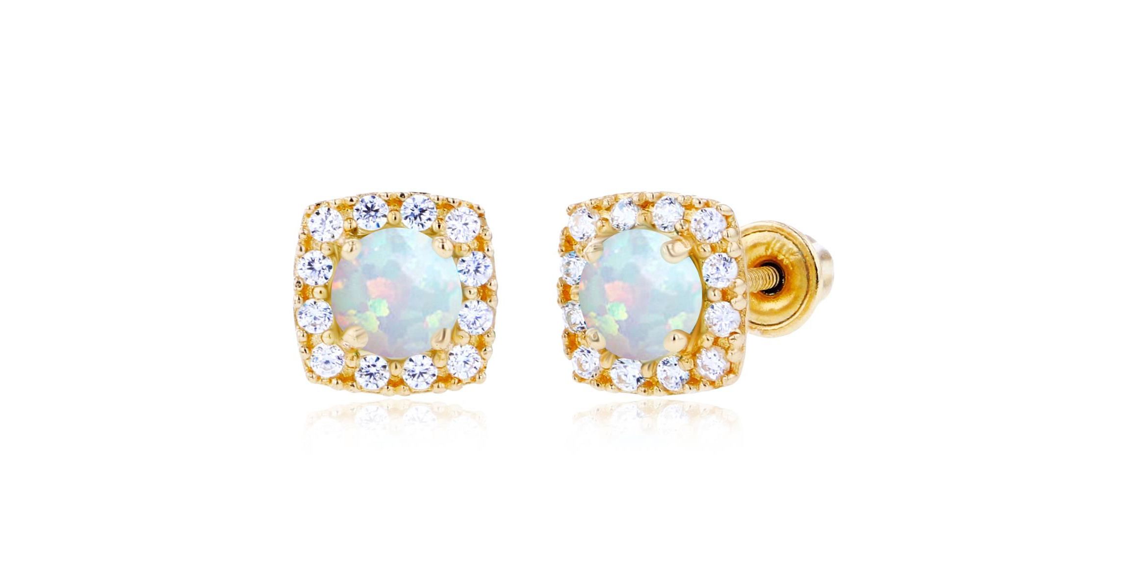 Lab Created Sterling Silver Rose 4mm Created Opal & 1mm Created White Sapphire Cushion Halo Screwback Earrings