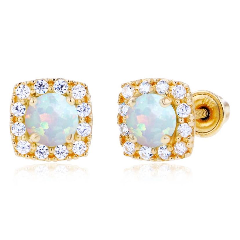 Lab Created Sterling Silver Rose 4mm Created Opal & 1mm Created White Sapphire Cushion Halo Screwback Earrings