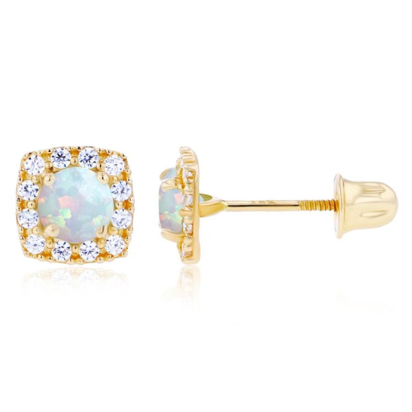 Lab Created Sterling Silver Rose 4mm Created Opal & 1mm Created White Sapphire Cushion Halo Screwback Earrings