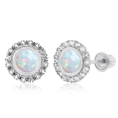 Lab Created Sterling Silver Yellow 4mm Opal Bezel & 1mm White Sapphire Halo Screwback Earrings