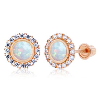 LULEA Lab Created Sterling Silver Yellow 4mm Created Opal Bezel & 1mm Created White Sapphire Halo Screwback Earrings