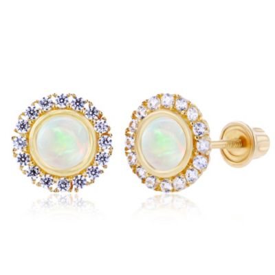 LULEA Lab Created Sterling Silver Yellow 4mm Created Opal Bezel & 1mm Created White Sapphire Halo Screwback Earrings