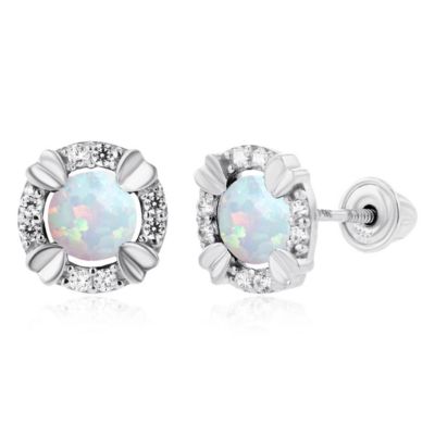 LULEA Lab Created Sterling Silver Rhodium 4mm Round Created Opal & 1mm Created White Sapphire Halo Screwback Earrings