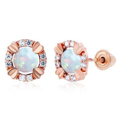 LULEA Lab Created Sterling Silver Rhodium 4mm Round Created Opal & 1mm Created White Sapphire Halo Screwback Earrings
