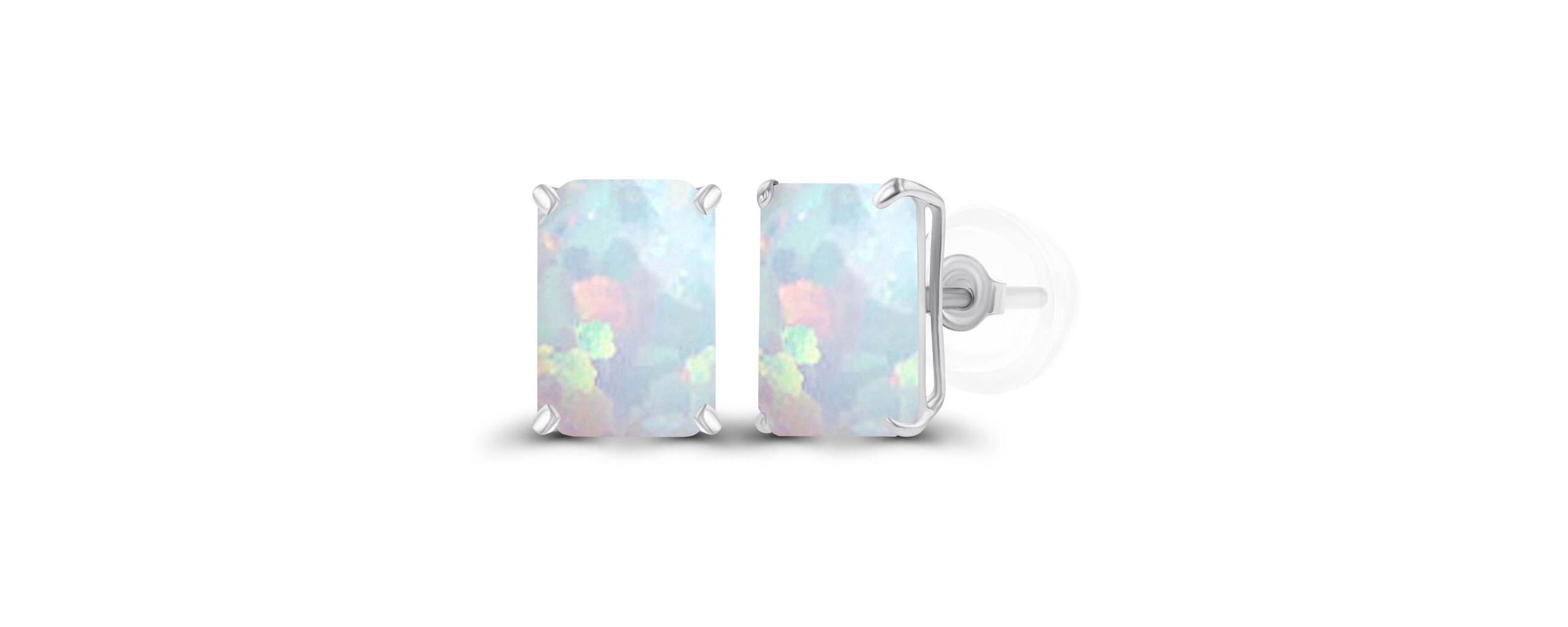 Lab Created Sterling Silver Yellow 7x5mm Octagon Created Opal Basket Stud Earrings with Silicone Backs