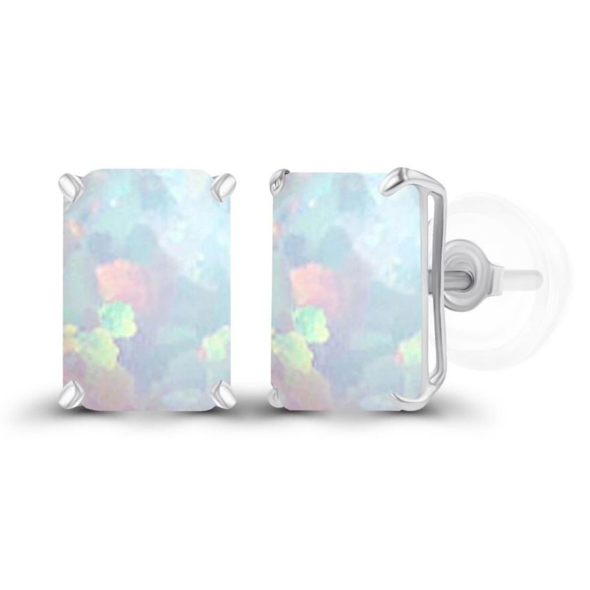Lab Created Sterling Silver Yellow 7x5mm Octagon Created Opal Basket Stud Earrings with Silicone Backs