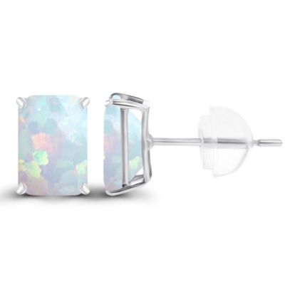 Lab Created Sterling Silver Yellow 7x5mm Octagon Opal Basket Stud Earrings with Silicone Backs