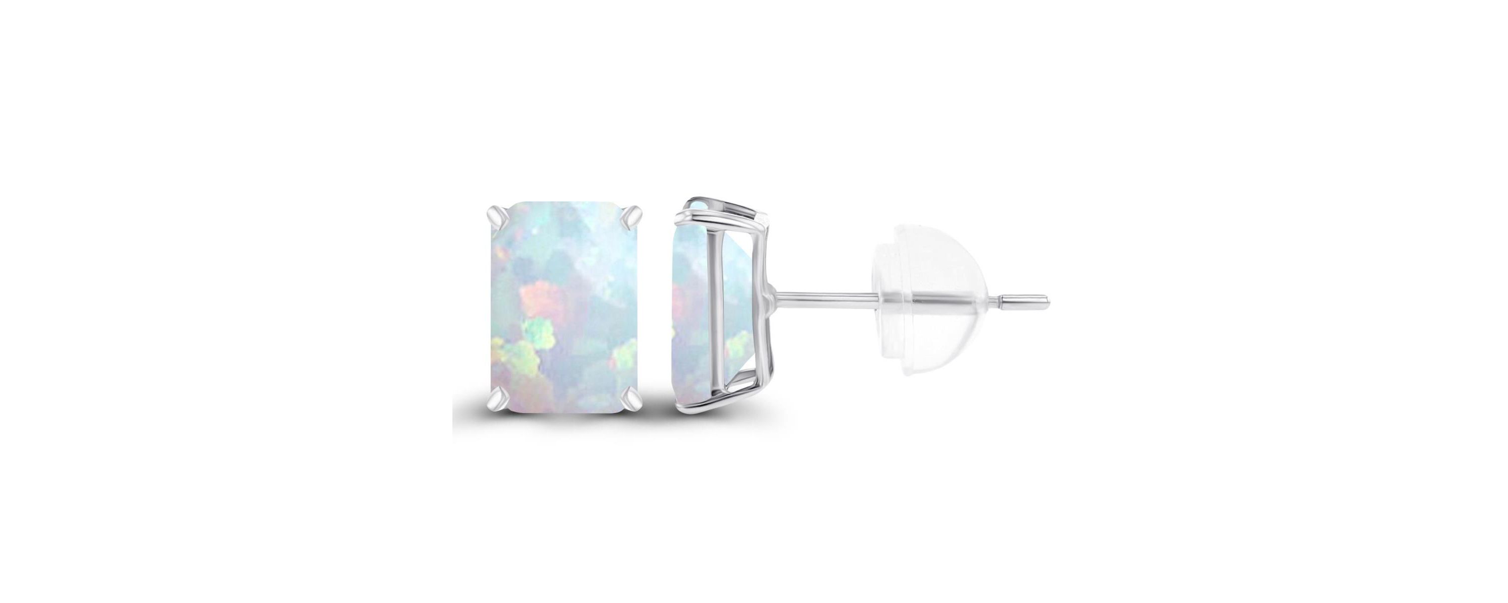 Lab Created Sterling Silver Yellow 7x5mm Octagon Created Opal Basket Stud Earrings with Silicone Backs