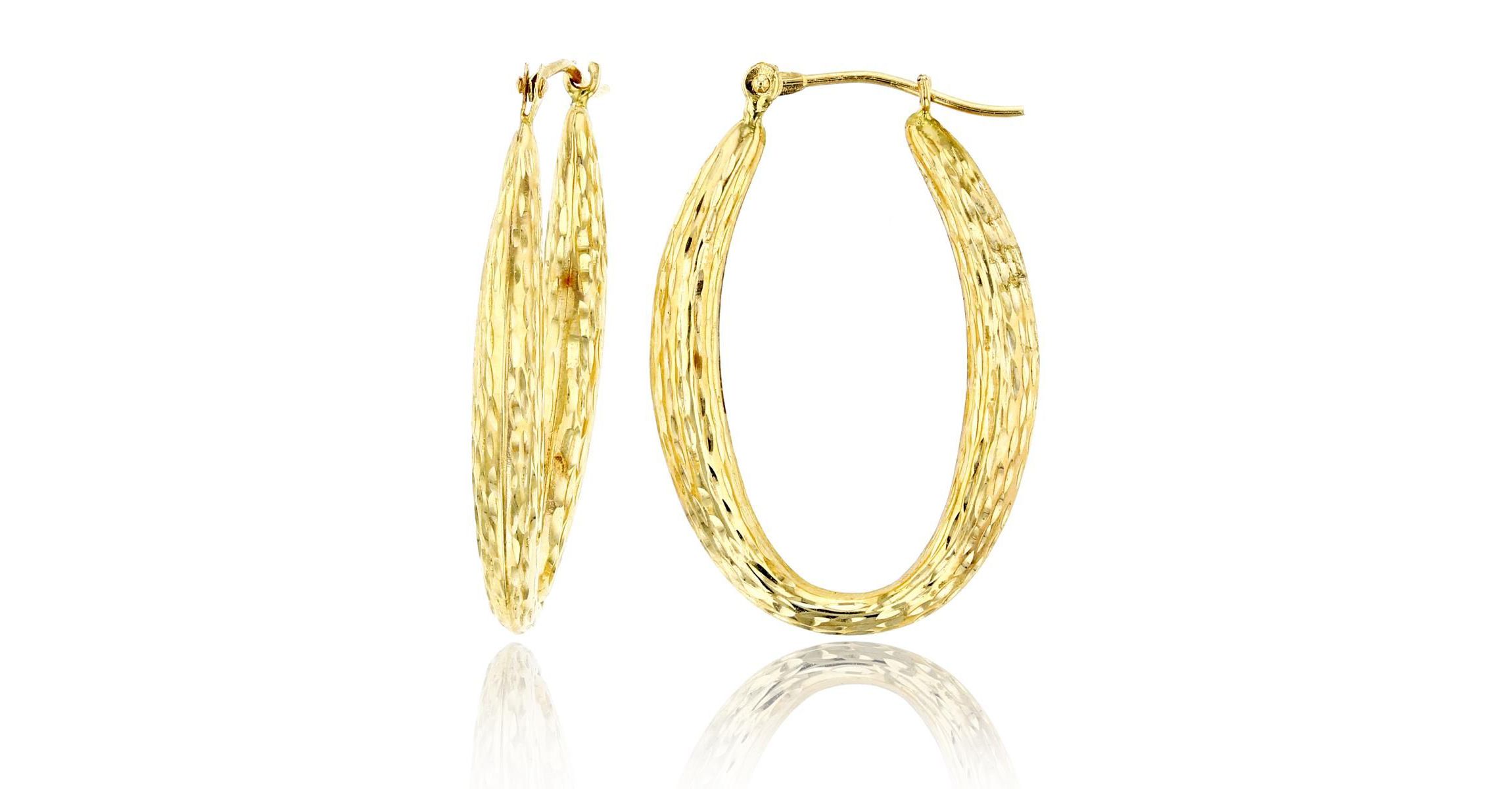 14K Yellow Gold Diamond Cut Oval Hoop Earring