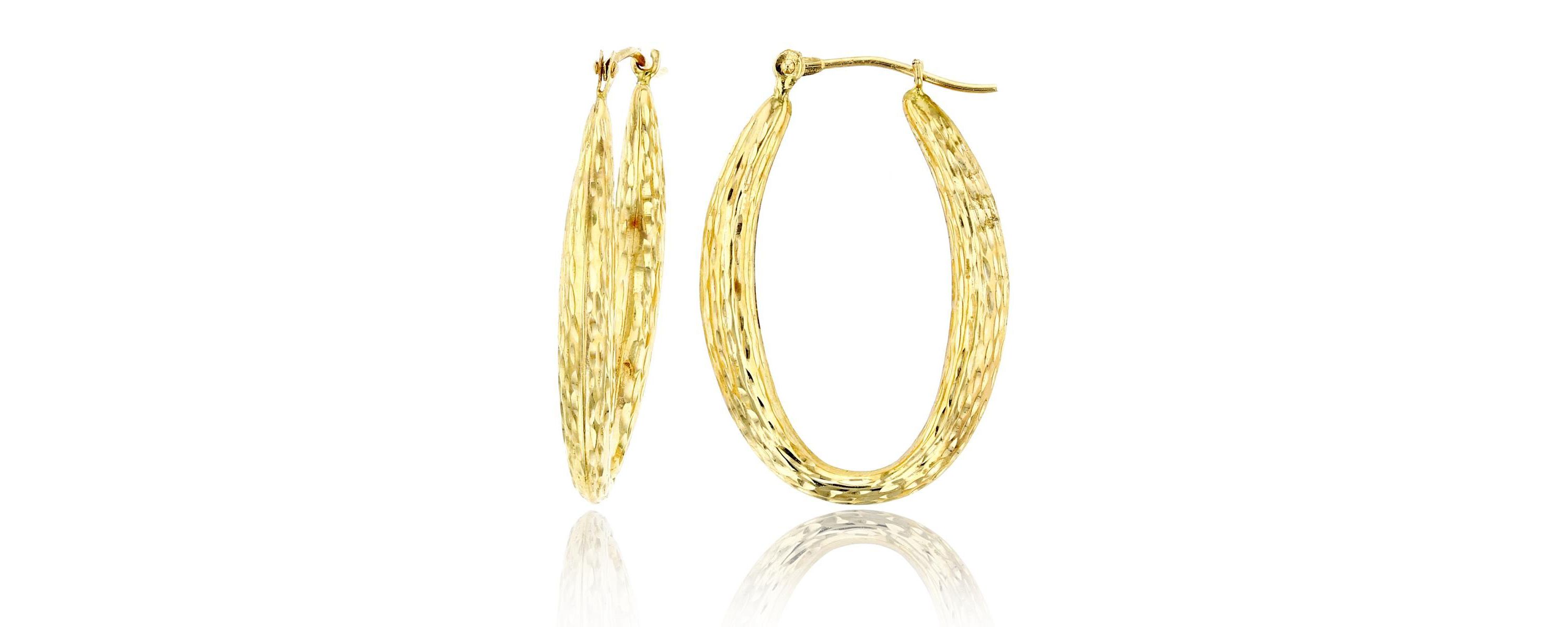 14K Yellow Gold Diamond Cut Oval Hoop Earring