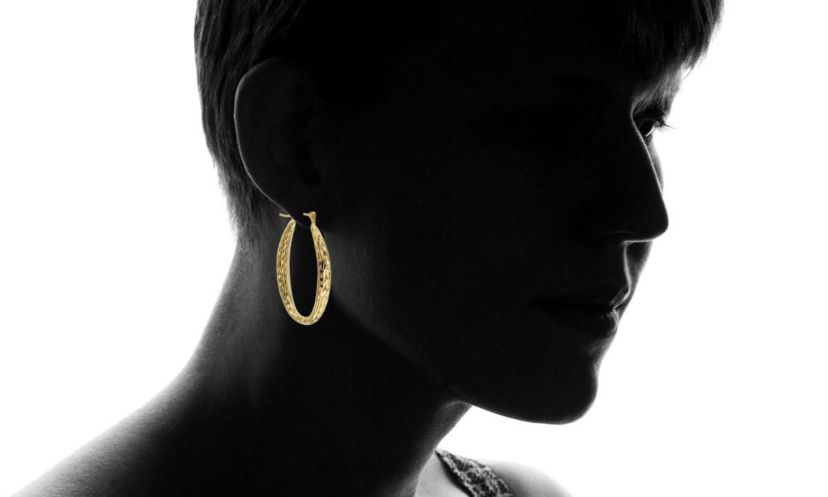 14K Yellow Gold Diamond Cut Oval Hoop Earring
