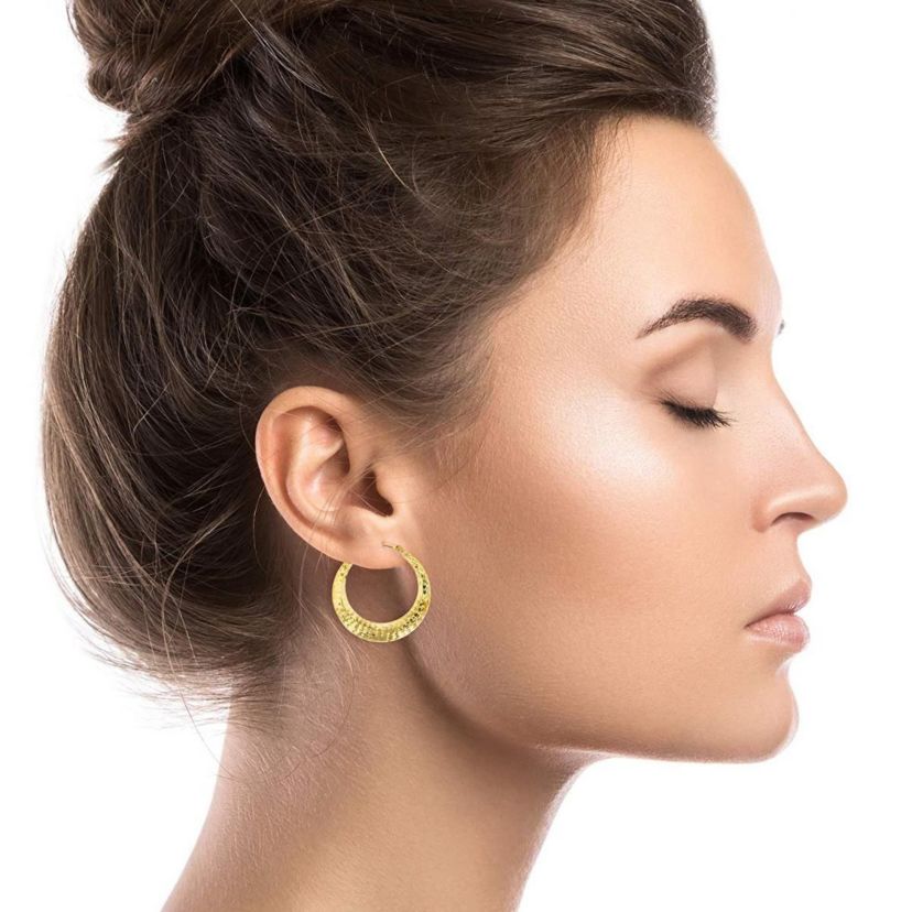 14K Yellow Gold Diamond Cut Fancy Round Hoop Earring