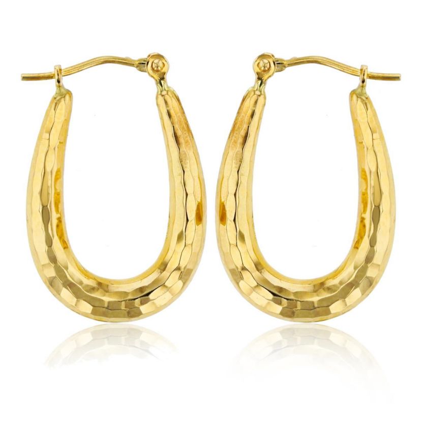 14K Yellow Gold Diamond Cut Textured U-Hoop Earring