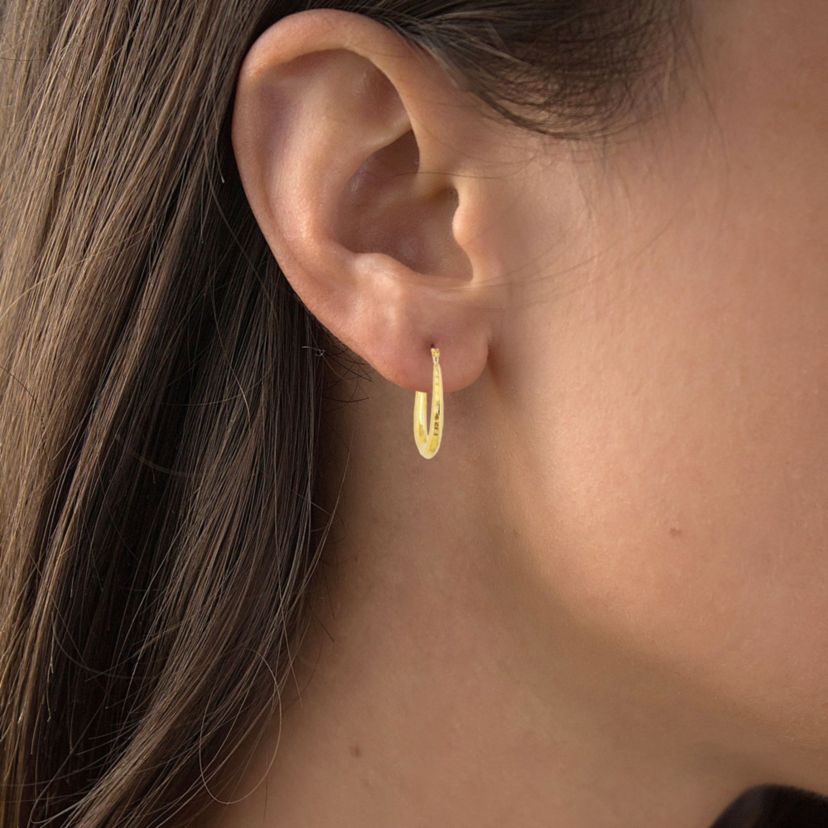 14K Yellow Gold Diamond Cut Textured U-Hoop Earring