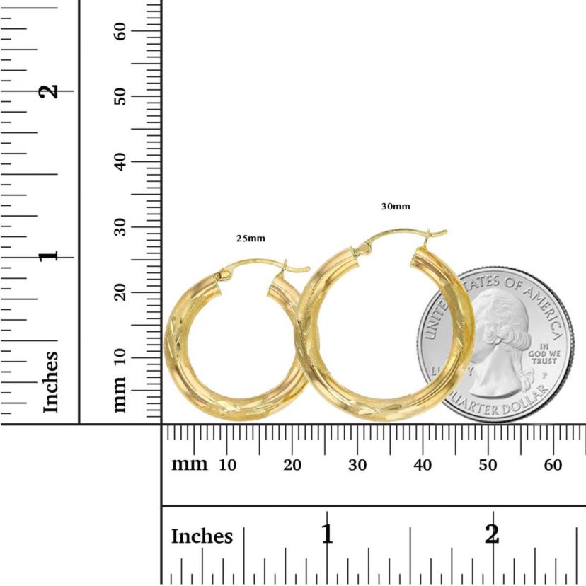 14K Yellow Gold 4X25MM Diamond Cut Hoop Earring