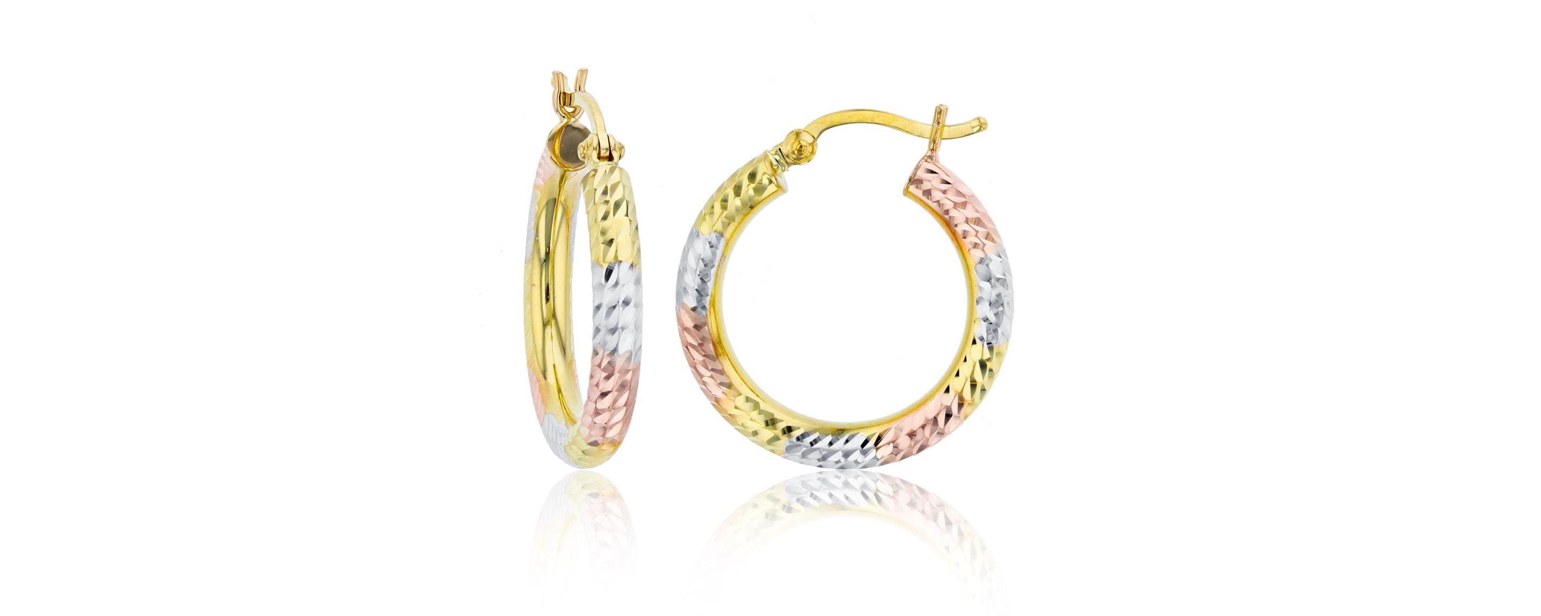 14K Tri-color Gold Diamond Cut 3x25mm Hoop Earring