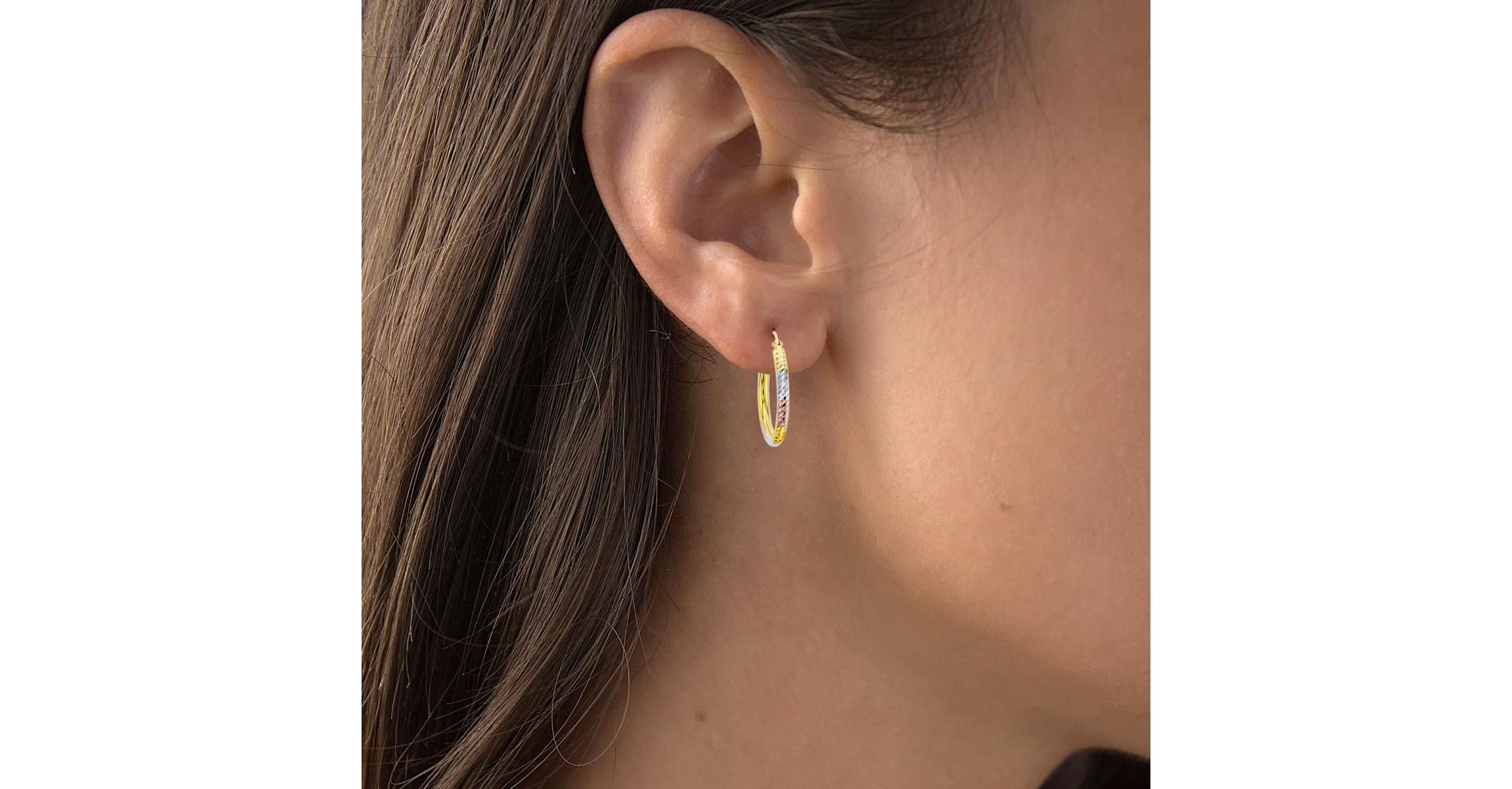 14K Tri-color Gold Diamond Cut 3x25mm Hoop Earring