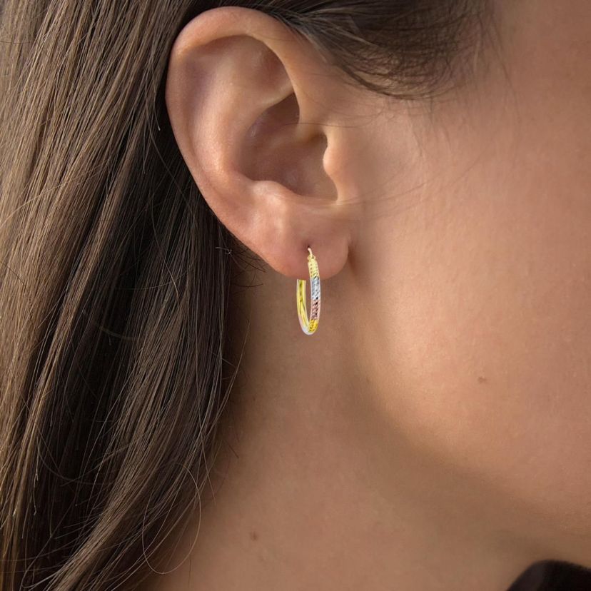 14K Tri-color Gold Diamond Cut 3x25mm Hoop Earring