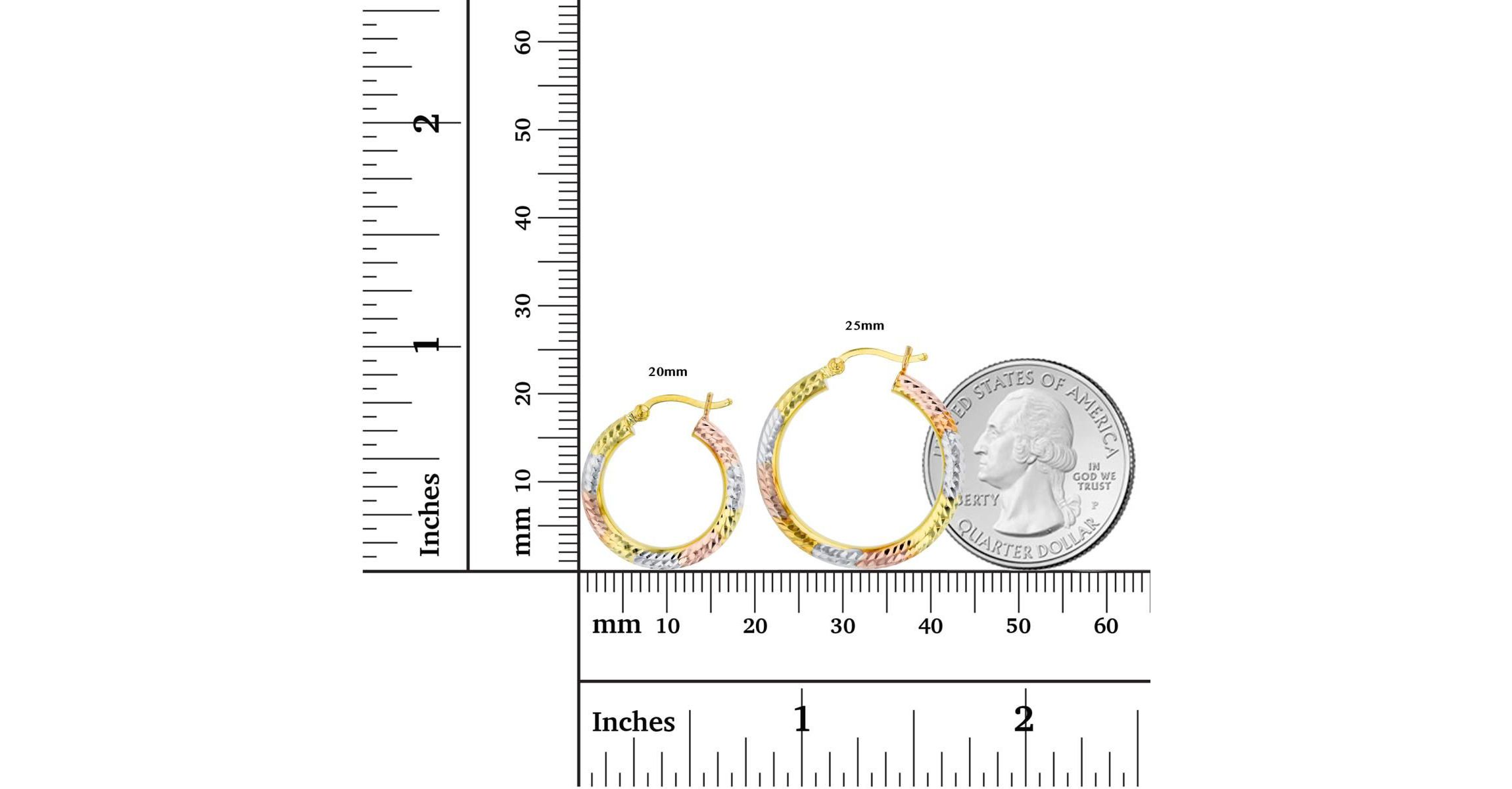 14K Tri-color Gold Diamond Cut 3x25mm Hoop Earring