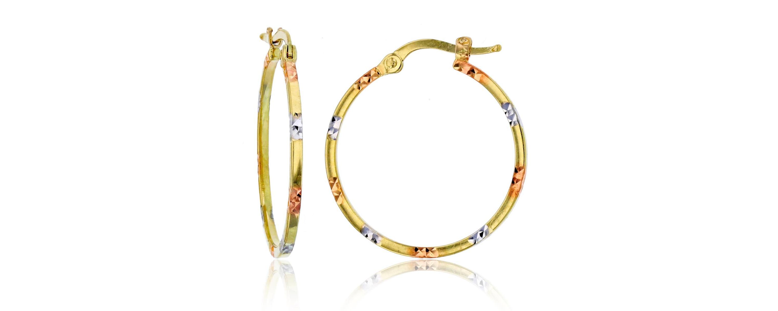14K Tri-color Gold Diamond Cut 1.5x25mm Round Hoop Earring