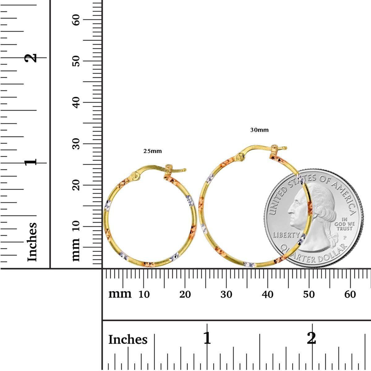 14K Tri-color Gold Diamond Cut 1.5x25mm Round Hoop Earring