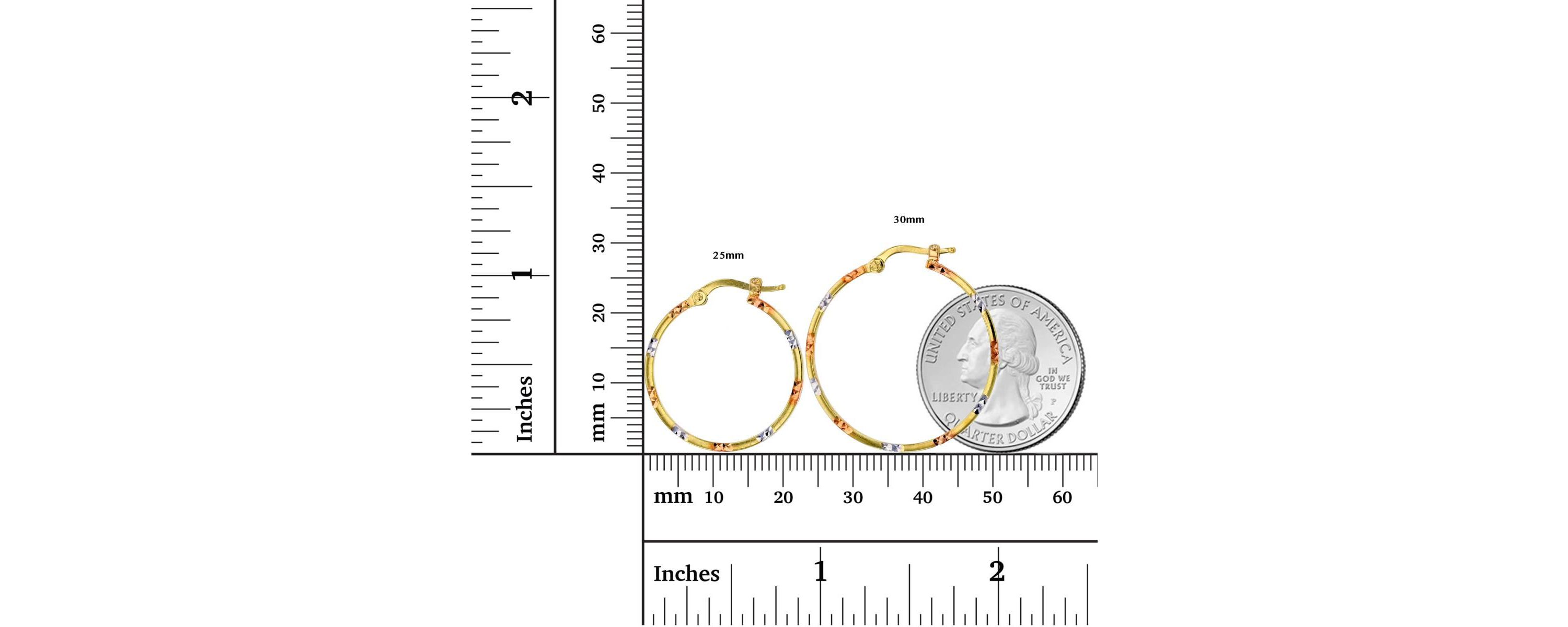 14K Tri-color Gold Diamond Cut 1.5x25mm Round Hoop Earring