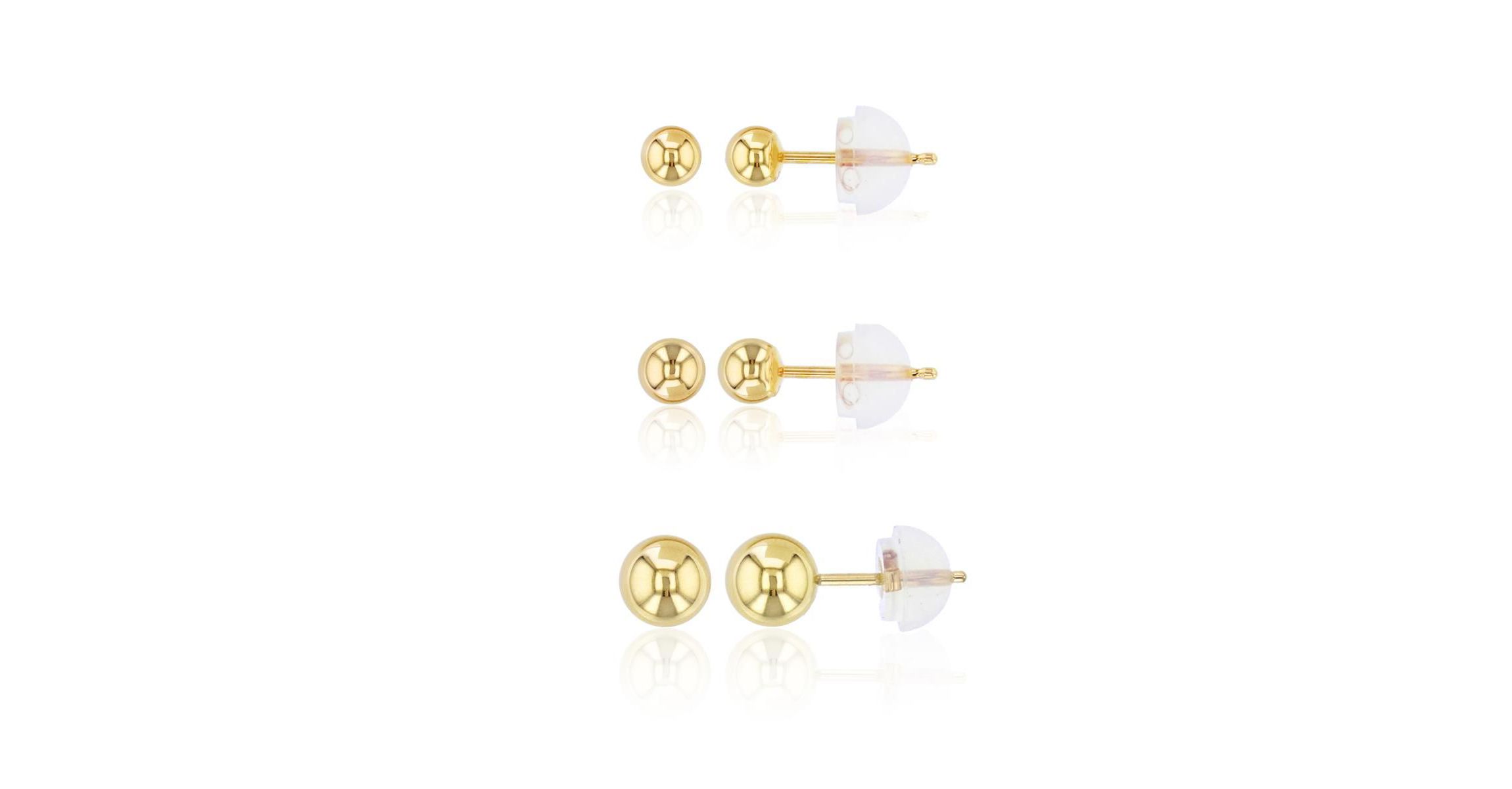 14K Gold Yellow 3,4,5MM Ball Studs Set & 14K Silicone Backs