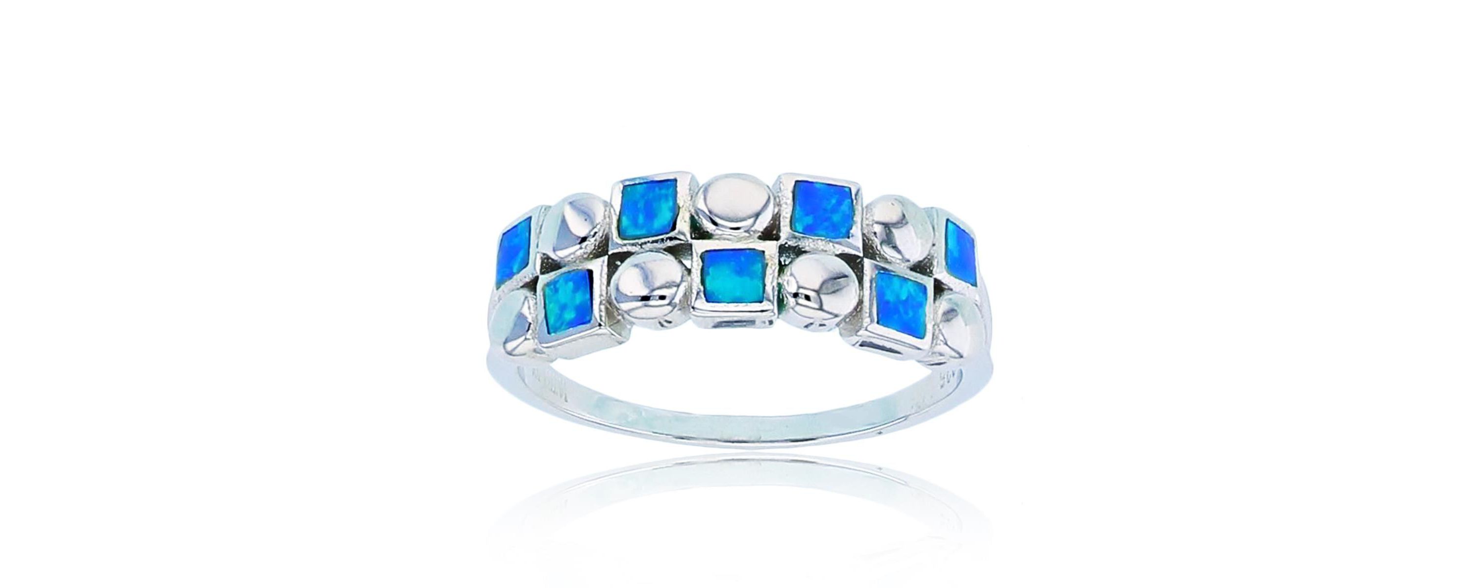 Lab Created Sterling Silver Rhodium 2-Row Inlay Created Opal Square & Round Ring