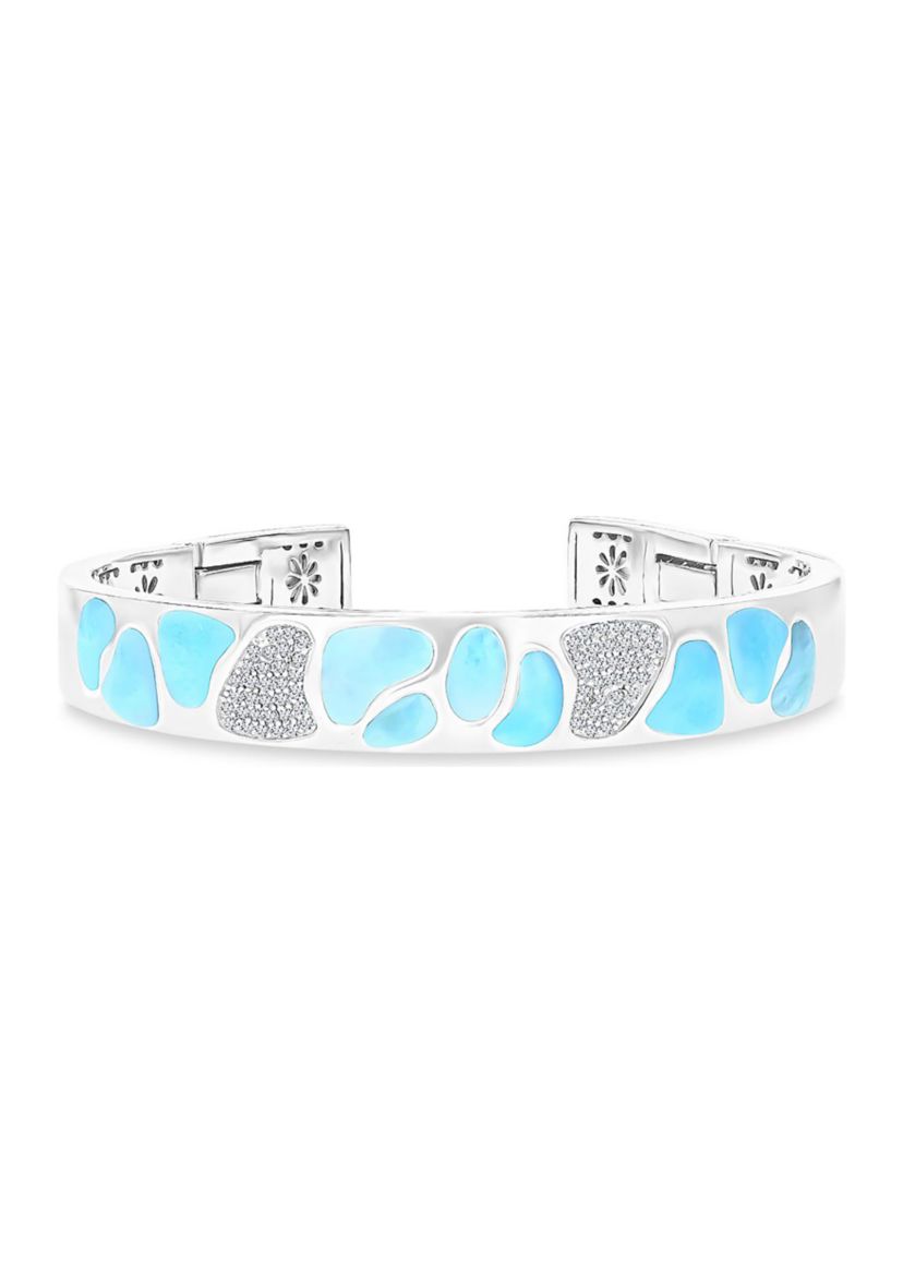 Sterling Silver Rhodium Larimar & CZ Mosaic Bangle Bracelet