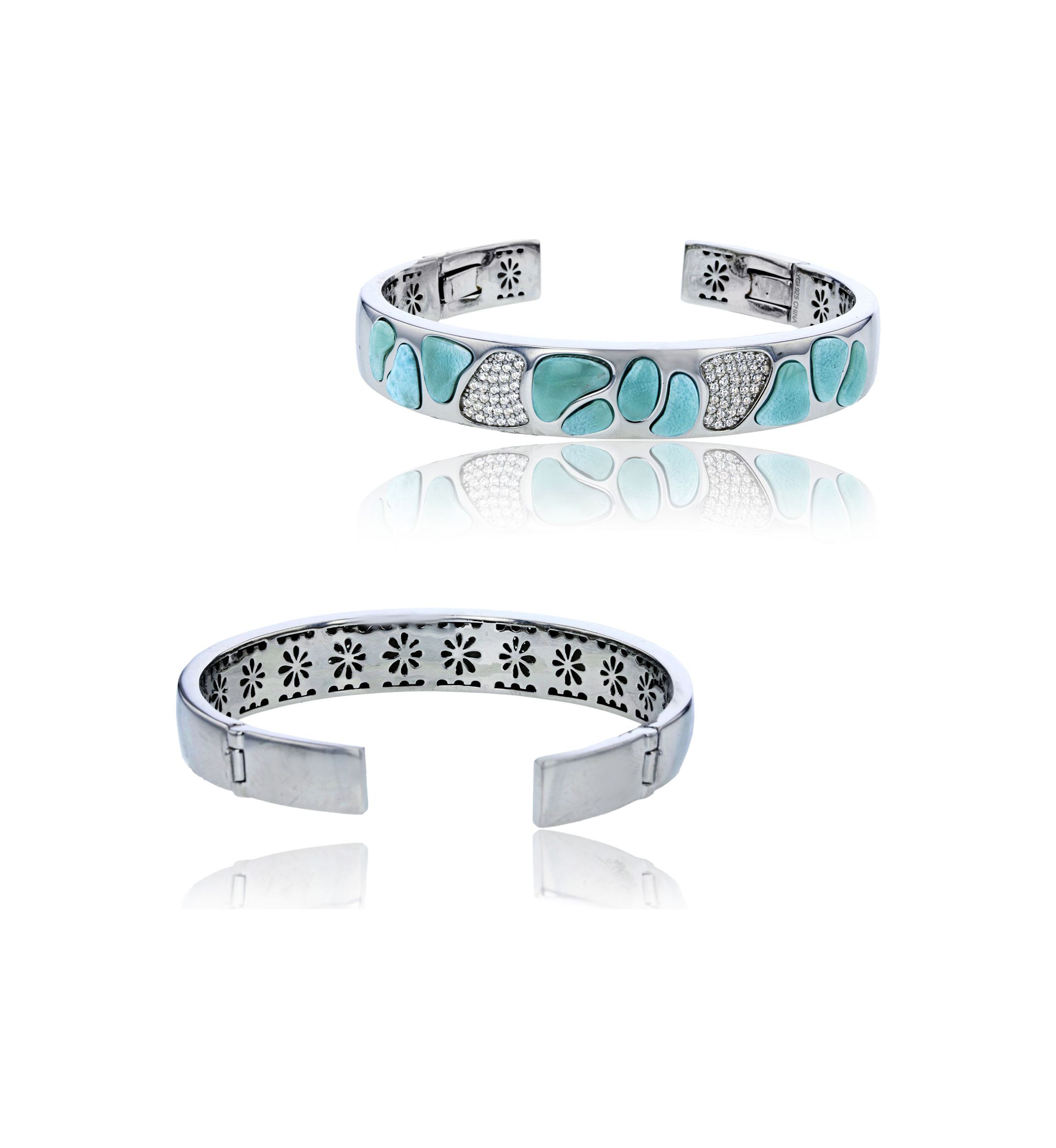 Sterling Silver Rhodium Larimar & CZ Mosaic Bangle Bracelet