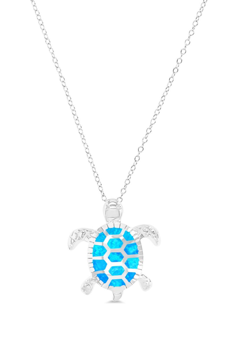 Sterling Silver Rhodium Created Opal Turtle 18" DC Cable Chain Necklace