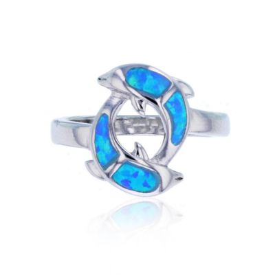 Lab Created Sterling Silver Rhodium Created Opal Swimming Dolphin Ring