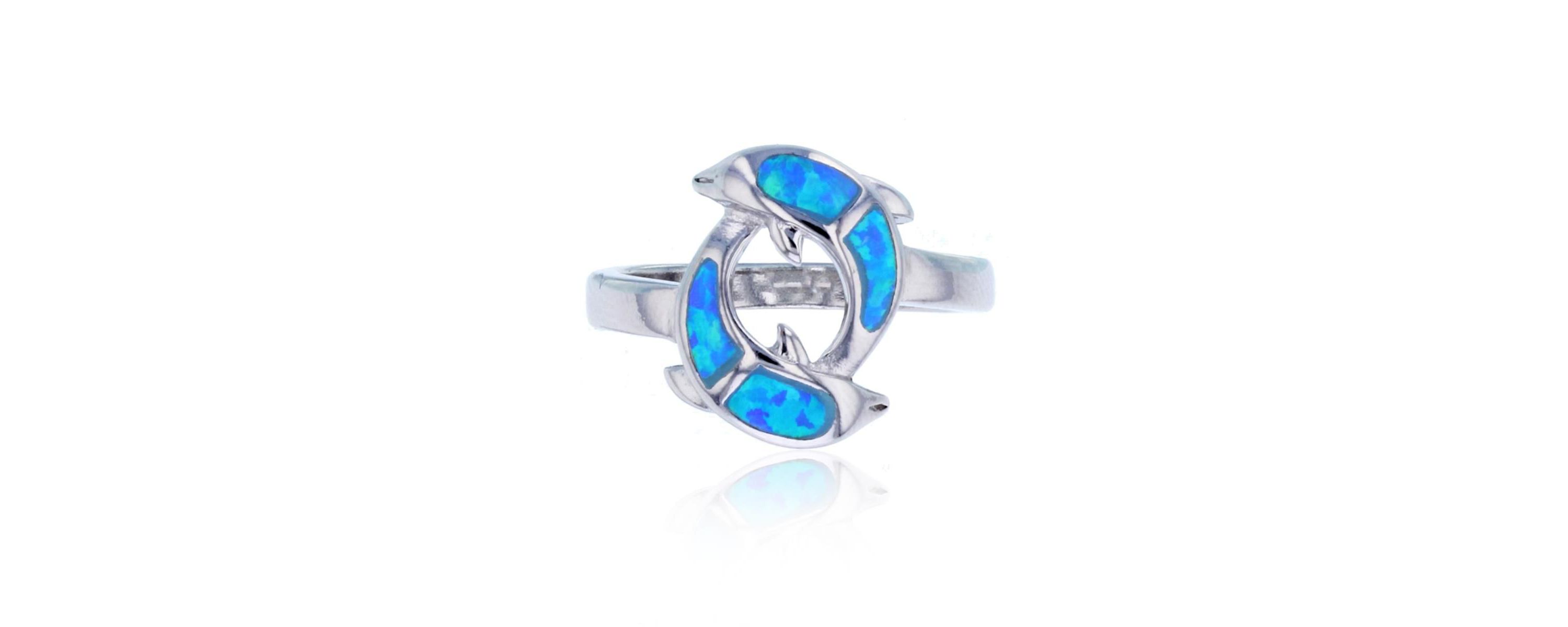 Lab Created Sterling Silver Rhodium Created Opal Swimming Dolphin Ring
