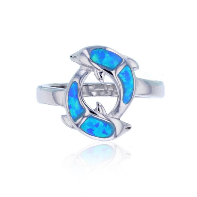 Lab Created Sterling Silver Rhodium Created Opal Swimming Dolphin Ring