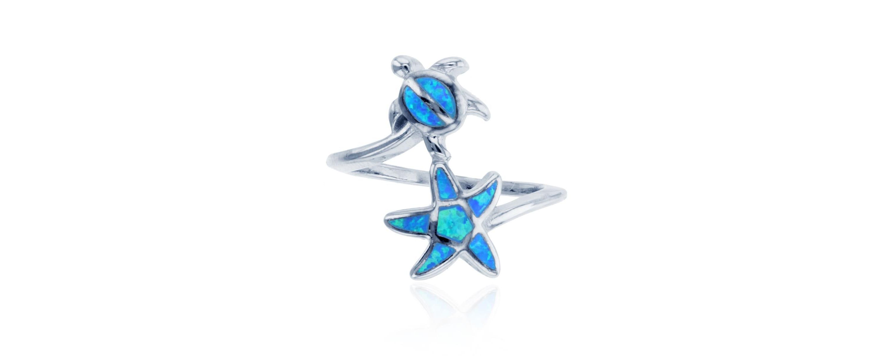 Lab Created Sterling Silver Starfish & Turtle Ring