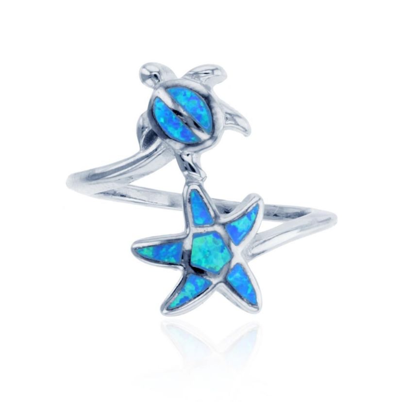 Lab Created Sterling Silver Starfish & Turtle Ring