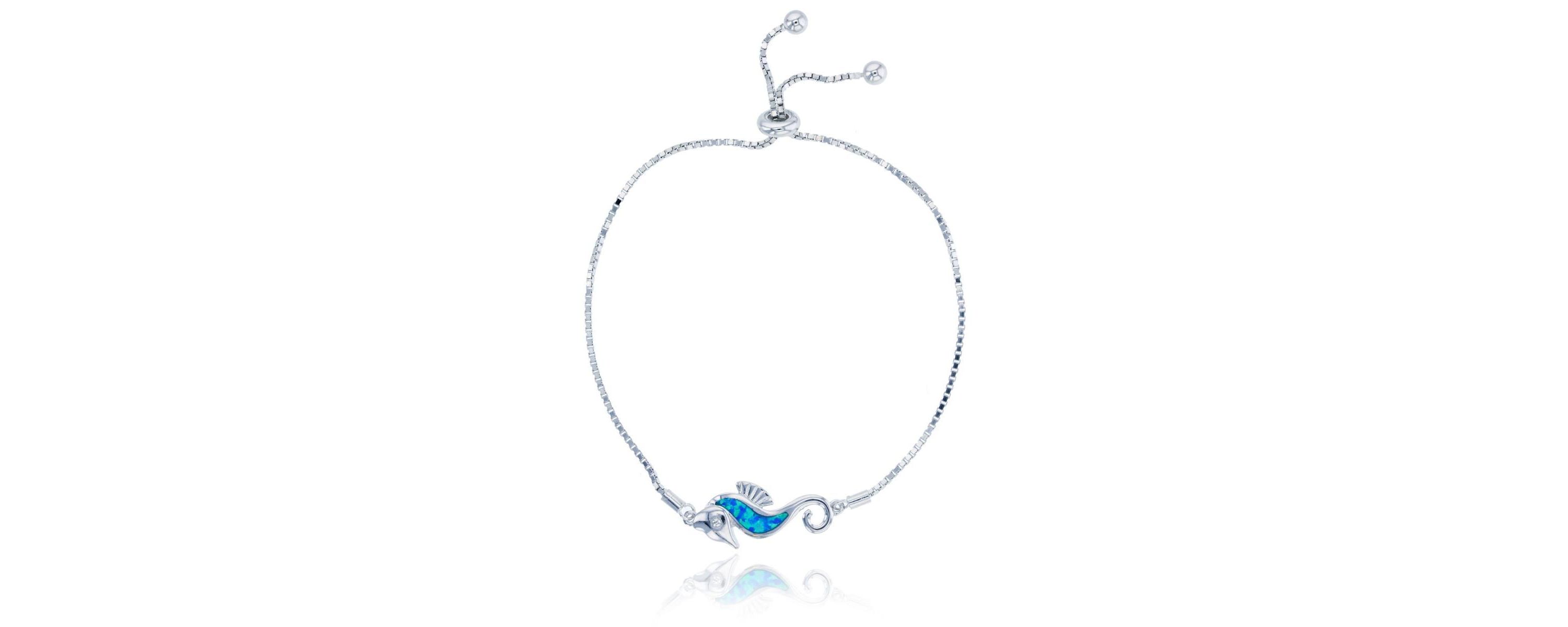 Lab Created Sterling Silver Rhodium Created Opal Seahorse Adjustable Bracelet
