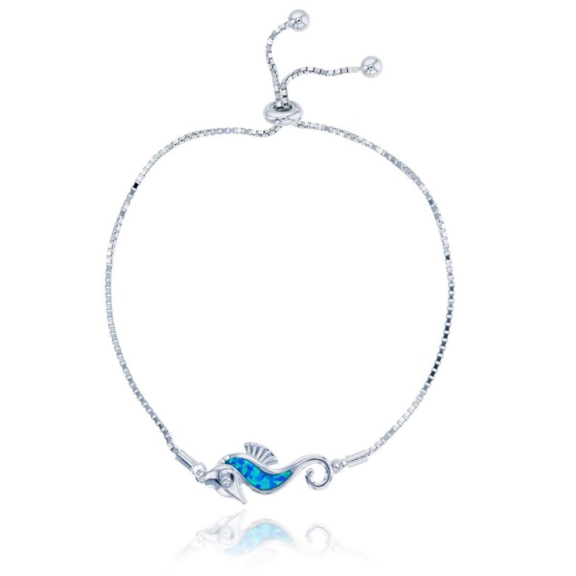Lab Created Sterling Silver Rhodium Created Opal Seahorse Adjustable Bracelet