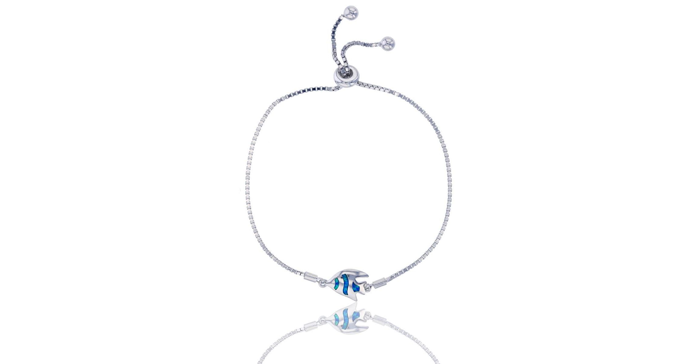 Lab Created Sterling Silver Rhodium Created Opal Fish Adjustable Bracelet