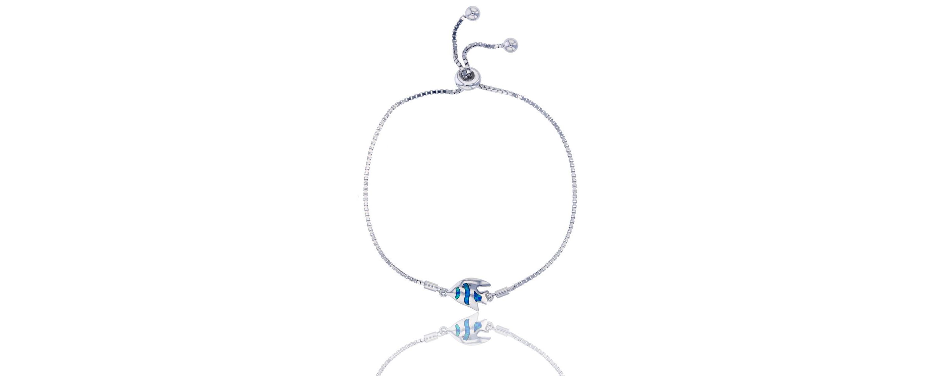 Lab Created Sterling Silver Rhodium Created Opal Fish Adjustable Bracelet