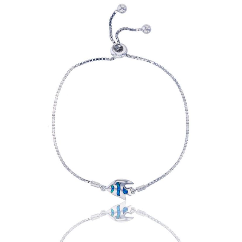 Lab Created Sterling Silver Rhodium Created Opal Fish Adjustable Bracelet