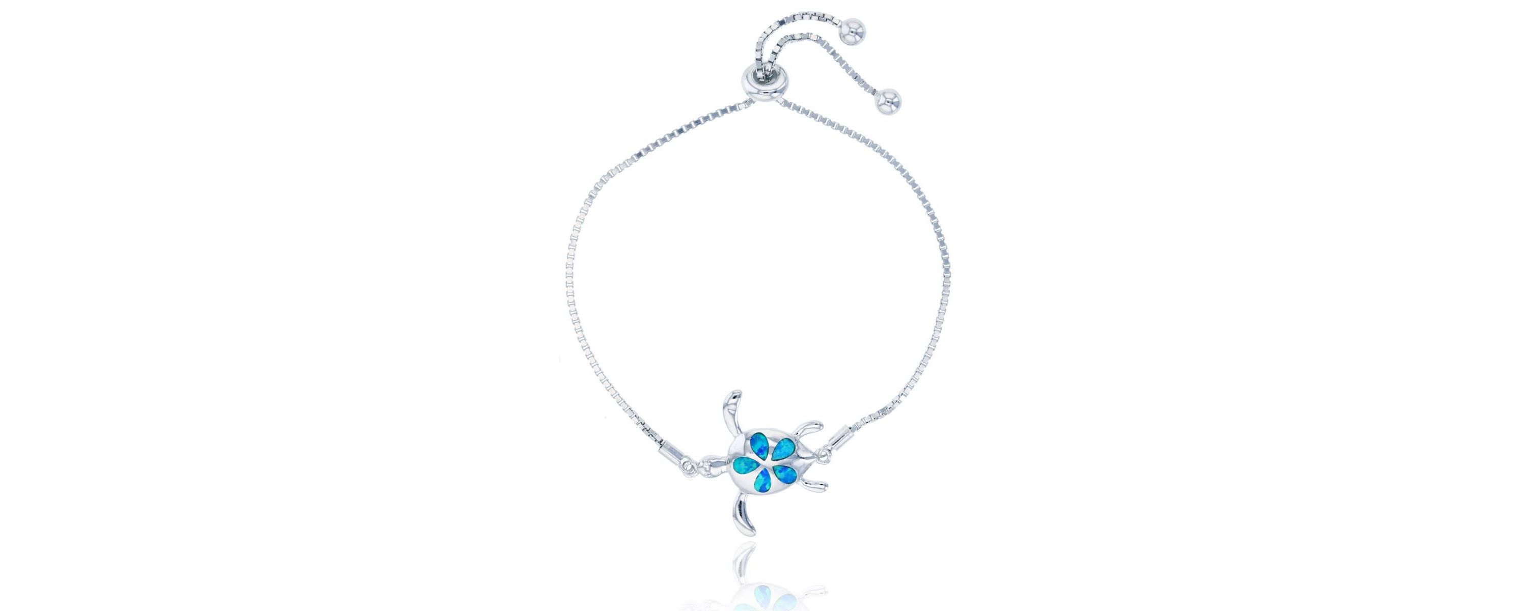 Lab Created Sterling Silver Rhodium Created Opal Turtle Adjustable Bracelet