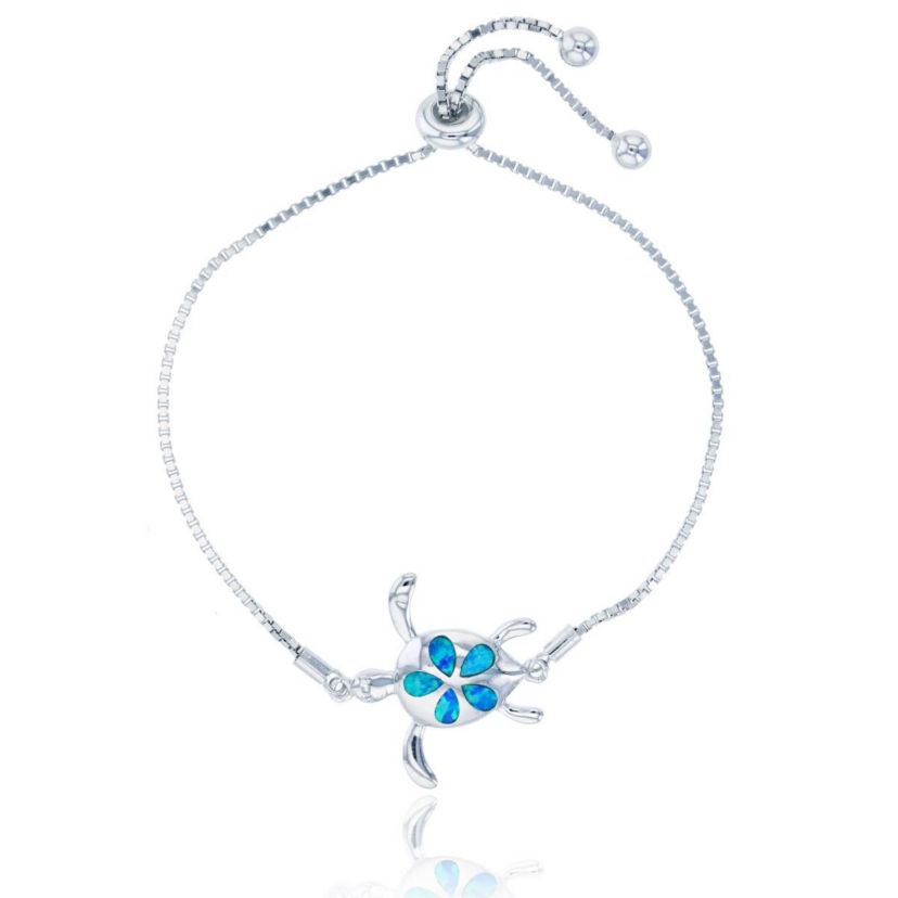Lab Created Sterling Silver Rhodium Created Opal Turtle Adjustable Bracelet