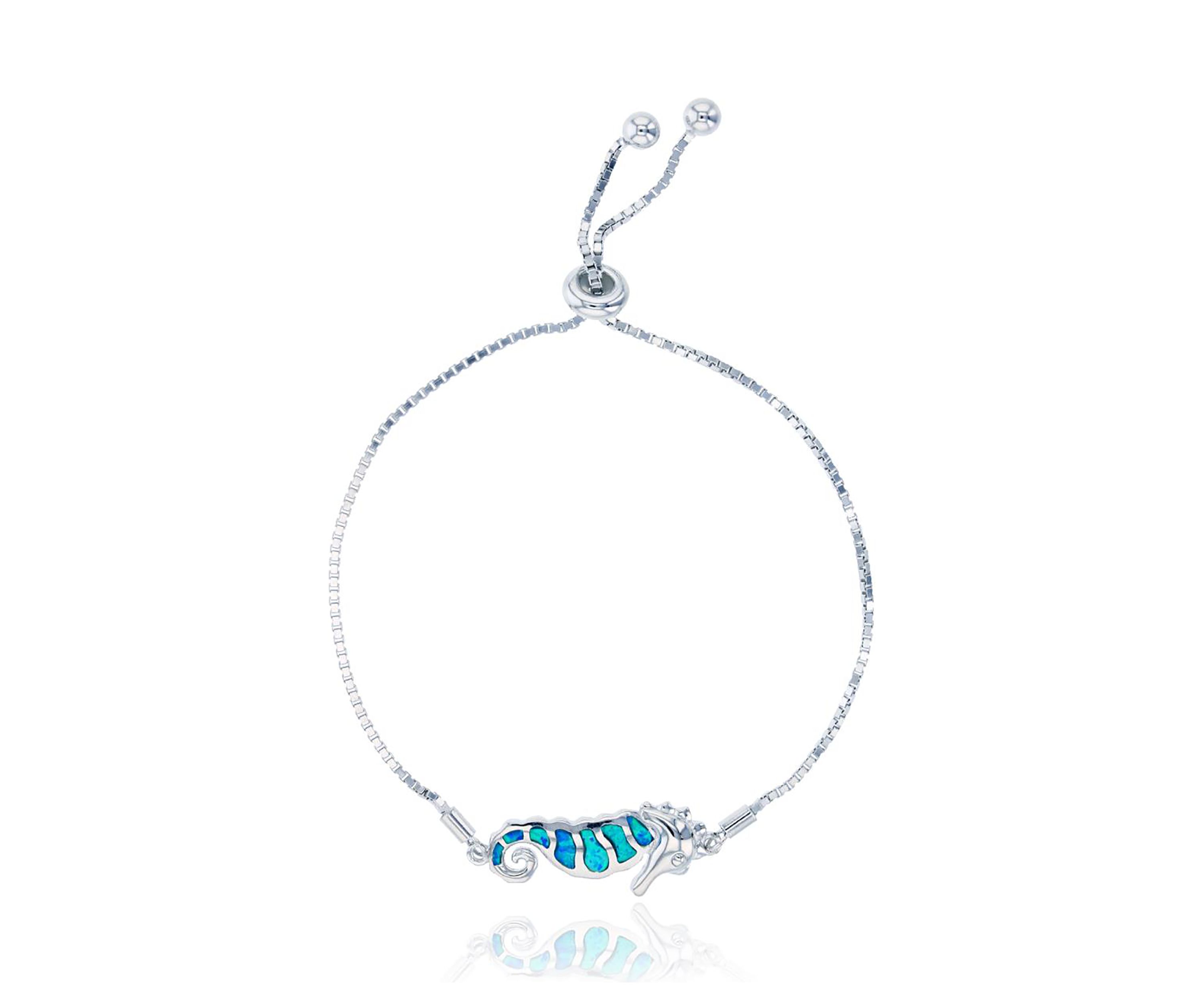 Sterling Silver Rhodium Created Opal Seahorse Adjustable Bracelet
