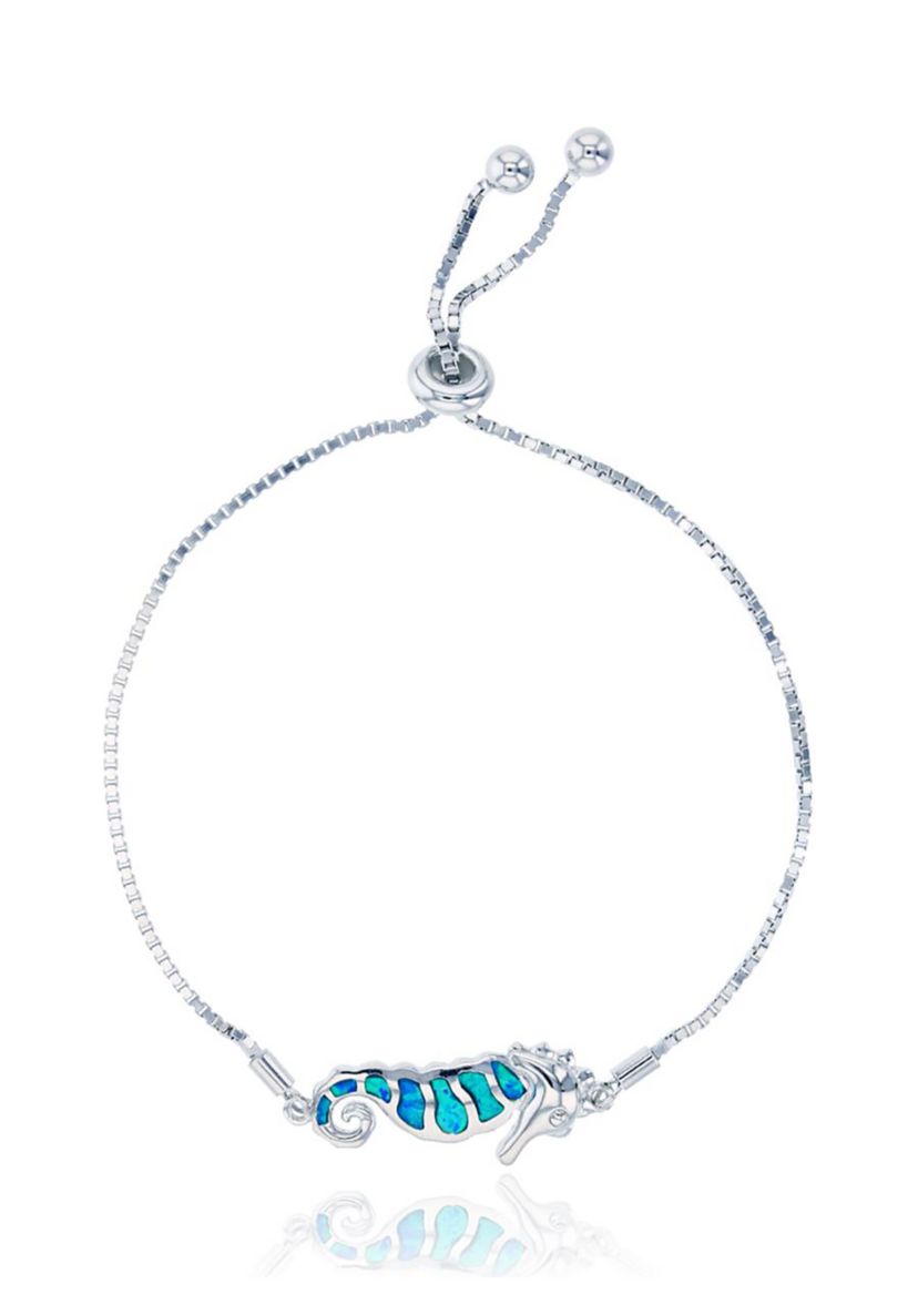 Sterling Silver Rhodium Created Opal Seahorse Adjustable Bracelet
