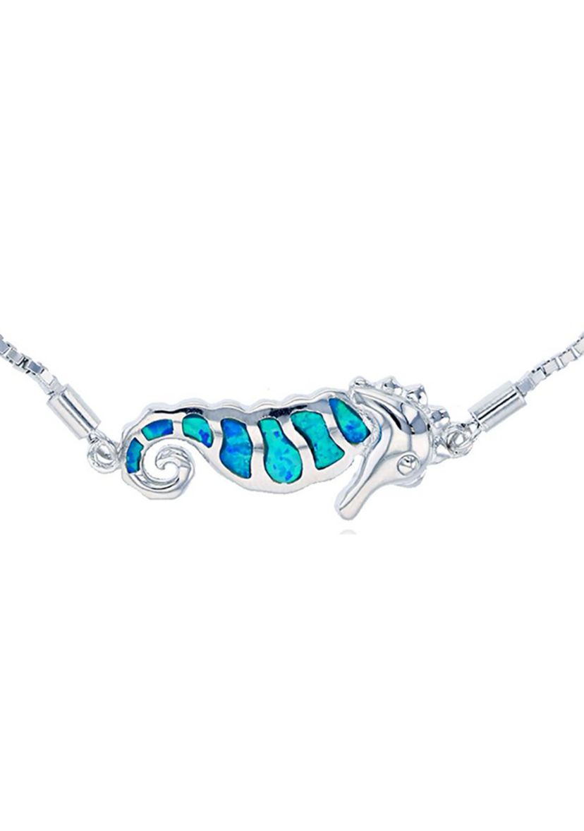 Sterling Silver Rhodium Created Opal Seahorse Adjustable Bracelet