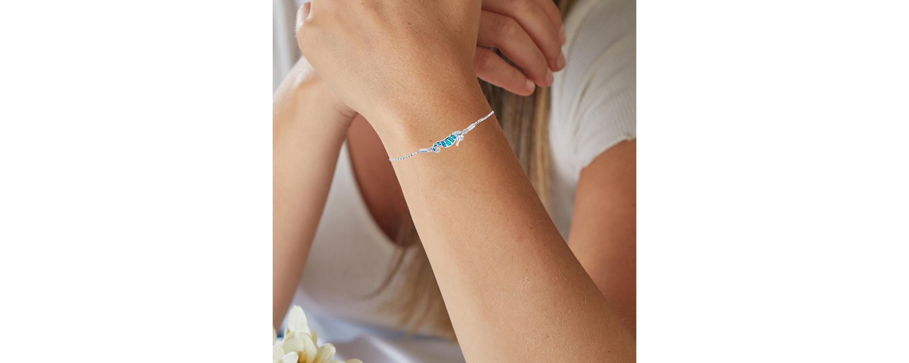 Sterling Silver Rhodium Created Opal Seahorse Adjustable Bracelet