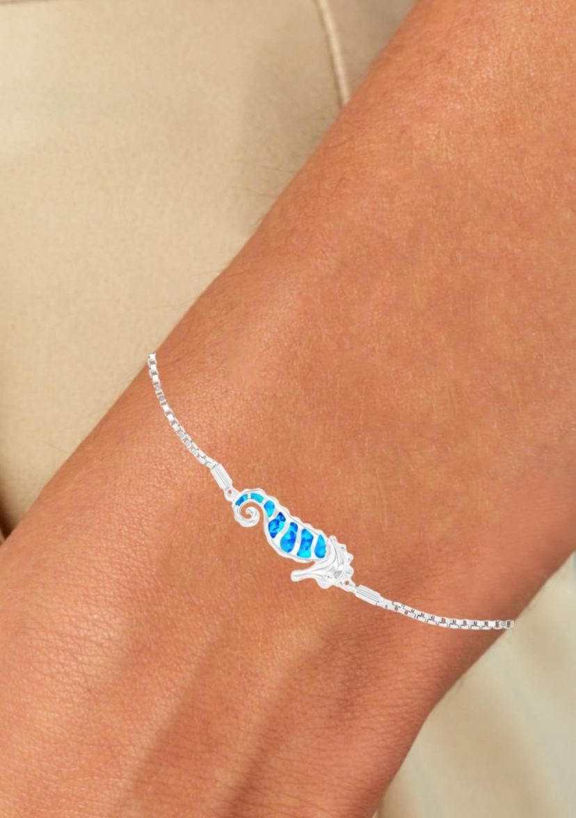 Sterling Silver Rhodium Created Opal Seahorse Adjustable Bracelet